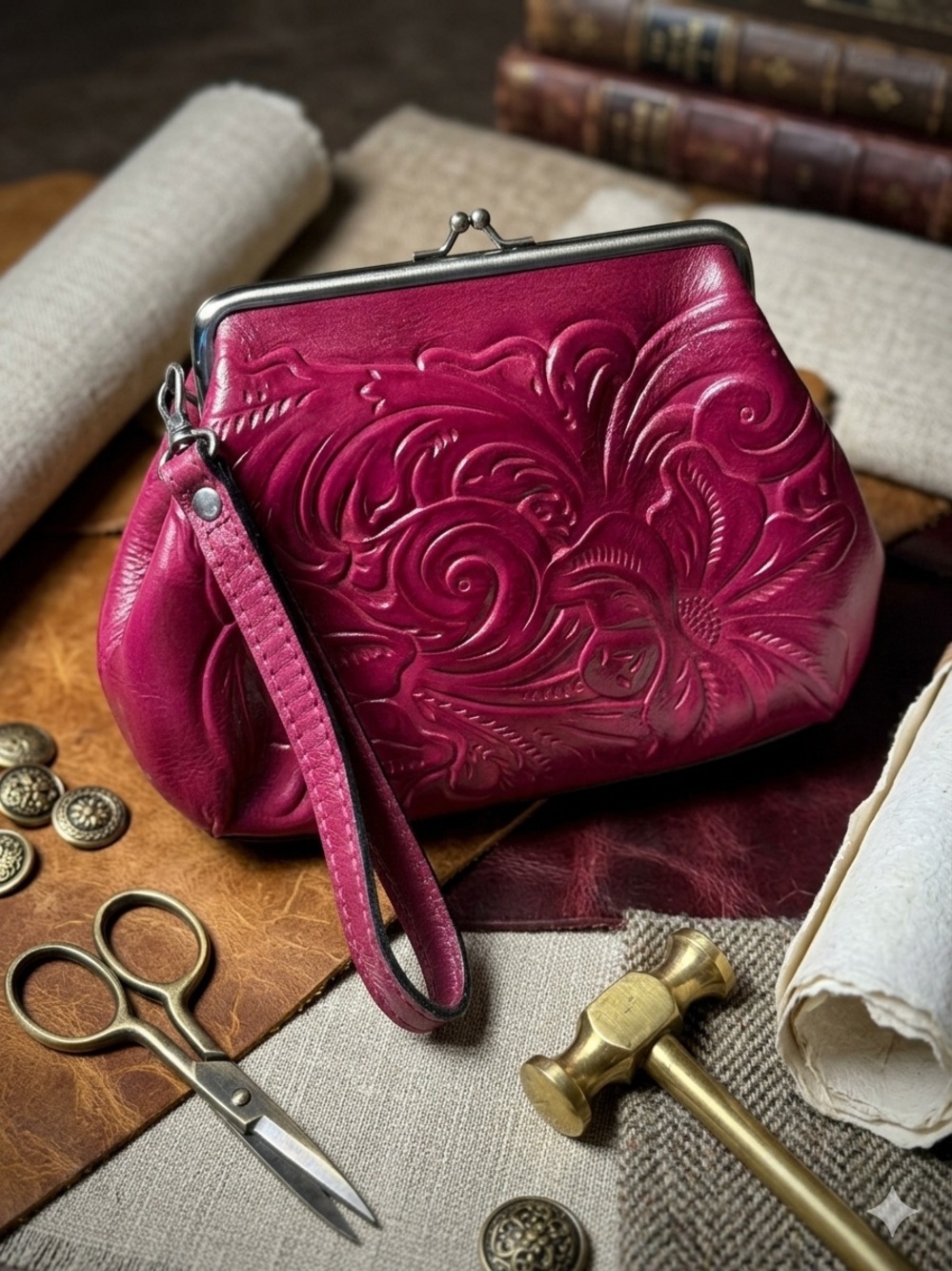 Patricia Nash Classic Embossed Leather Kiss Lock Wristlet Clutch. NO CALL OUTS